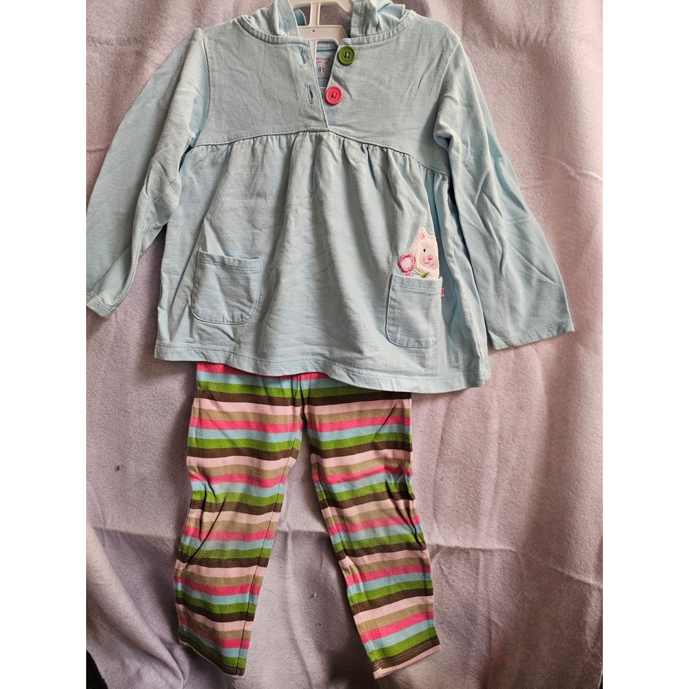 Carters 4T Girls Hooded Tunic and Striped Leggings Set Blue Pink Cat 2pc Outfit
